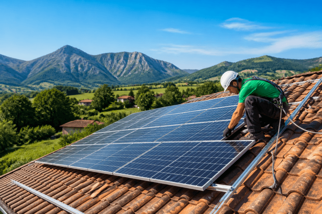 Paneles solares en tejado de vivienda asturiana con cielo parcialmente nublado, instalación fotovoltaica en Asturias