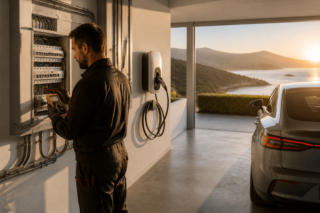 Instalador eléctrico autorizado conectando un punto de recarga de vehículo eléctrico en un garaje en Asturias