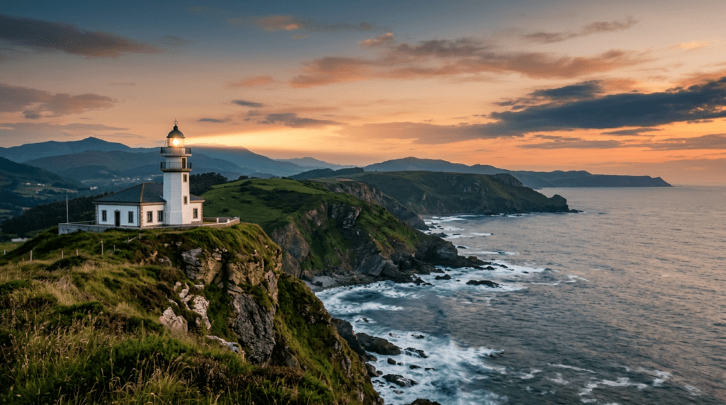 Panorámica de la costa asturiana al atardecer, faro iluminando la energía de la región
