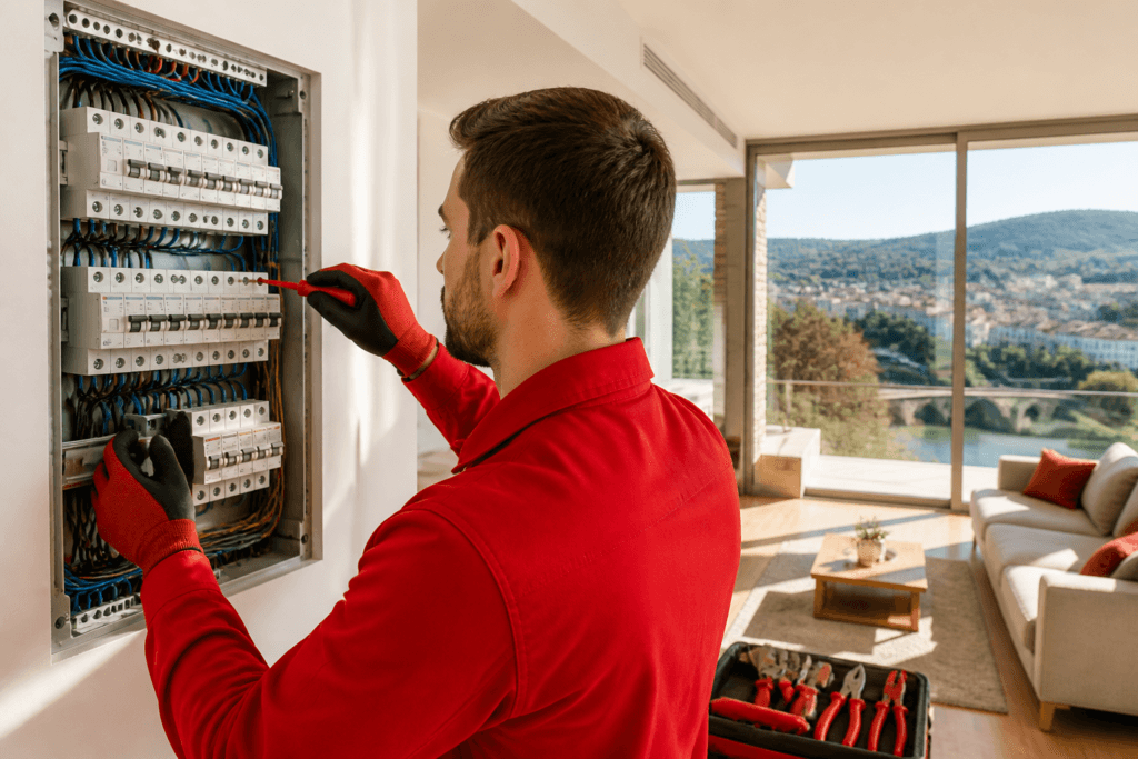 Cuadro eléctrico moderno y seguro en una instalación de calidad en Ourense, con disyuntores y cableado organizado.